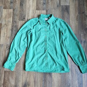 Vintage Mr Witt Green Button Up Blouse Embroidered Collar Cottagecore Womens S
